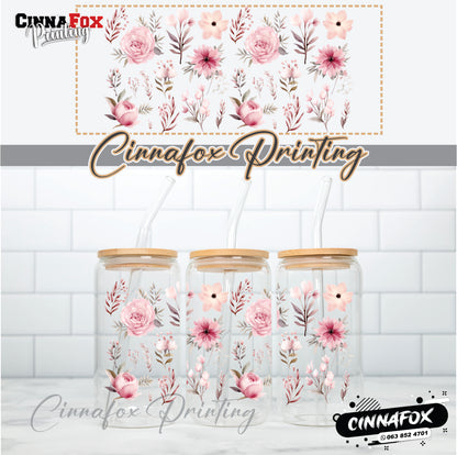 Floral Pink Wrap Glass Cup With Lid & Straw