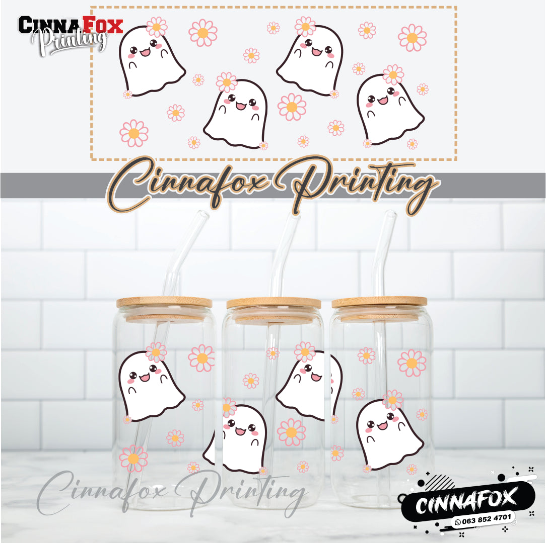 Daisy and Ghosts Wrap Glass Cup With Lid & Straw