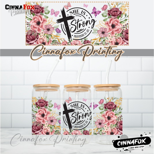 She Is Strong 02 Glass Cup With Lid & Straw