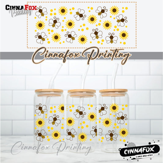 Bee Sunflower Glass Cup With Lid & Straw