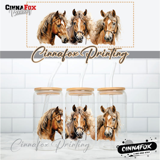 Horses Glass Cup With Lid & Straw