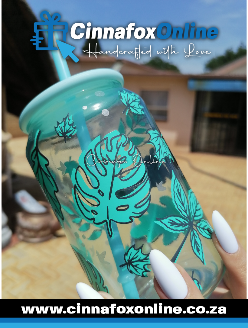 Custom Name - blue leaf Glass Cup With Lid & Straw