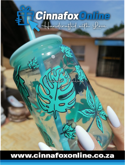 Custom Name - blue leaf Glass Cup With Lid & Straw