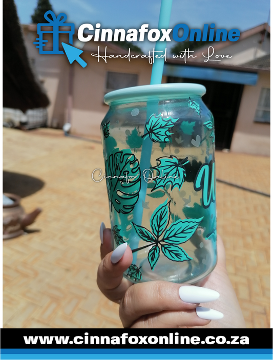 Custom Name - blue leaf Glass Cup With Lid & Straw