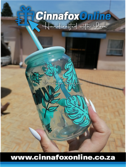 Custom Name - blue leaf Glass Cup With Lid & Straw