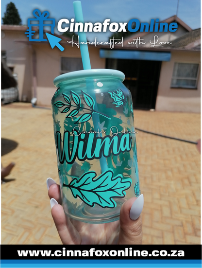 Custom Name - blue leaf Glass Cup With Lid & Straw