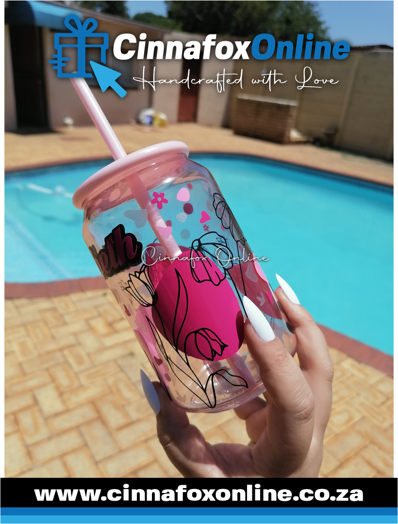 Custom Name -Pink 03 Glass Cup With Lid & Straw