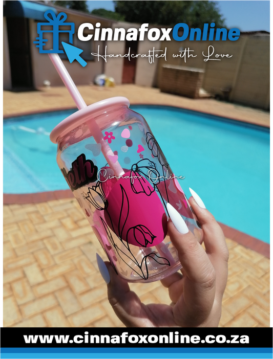 Custom Name -Pink 03 Glass Cup With Lid & Straw