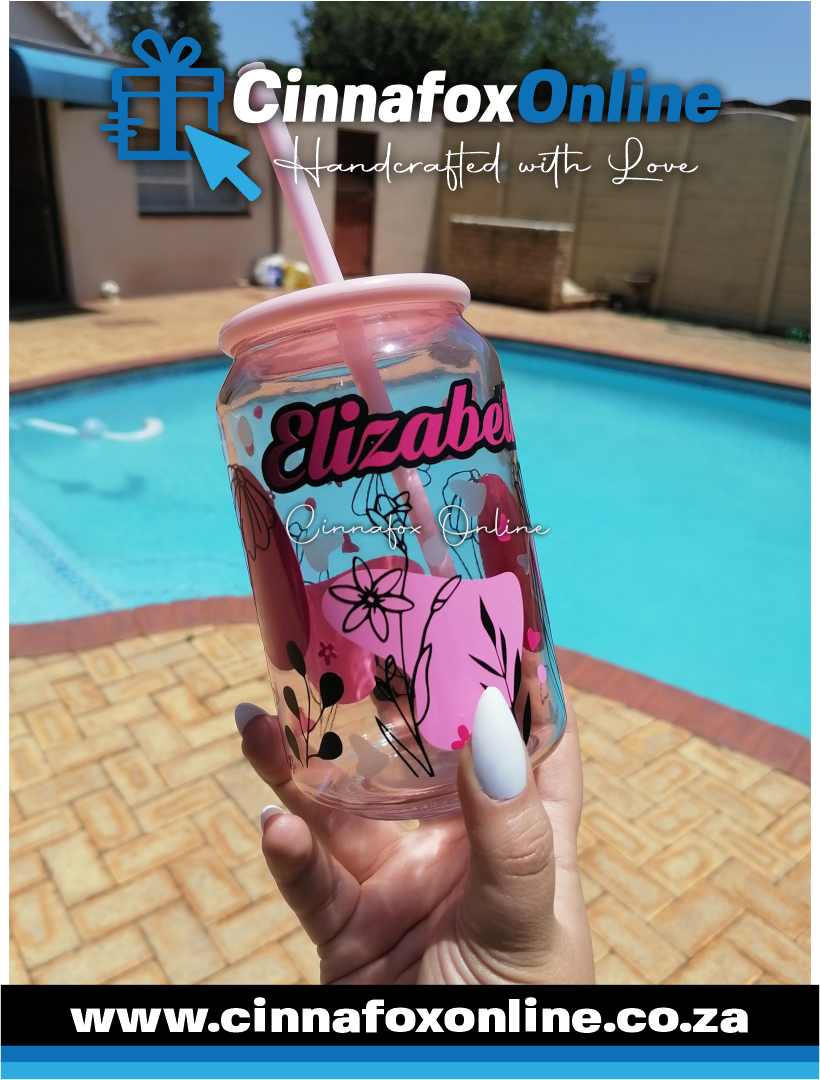 Custom Name -Pink 03 Glass Cup With Lid & Straw