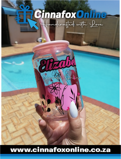 Custom Name -Pink 03 Glass Cup With Lid & Straw