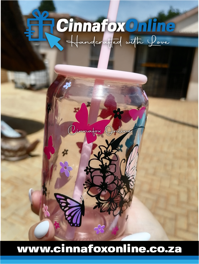 Custom Name -Pink Glass Cup With Lid & Straw