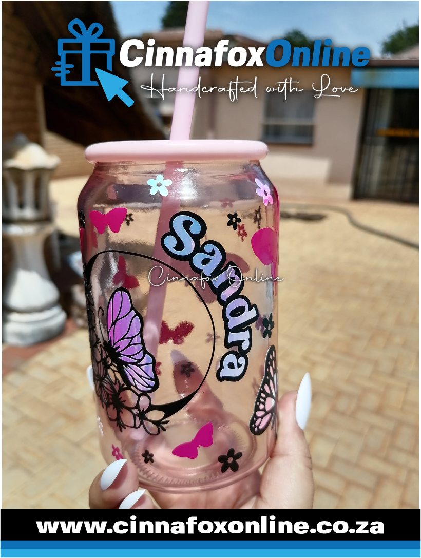 Custom Name -Pink Glass Cup With Lid & Straw