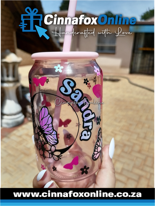 Custom Name -Pink Glass Cup With Lid & Straw