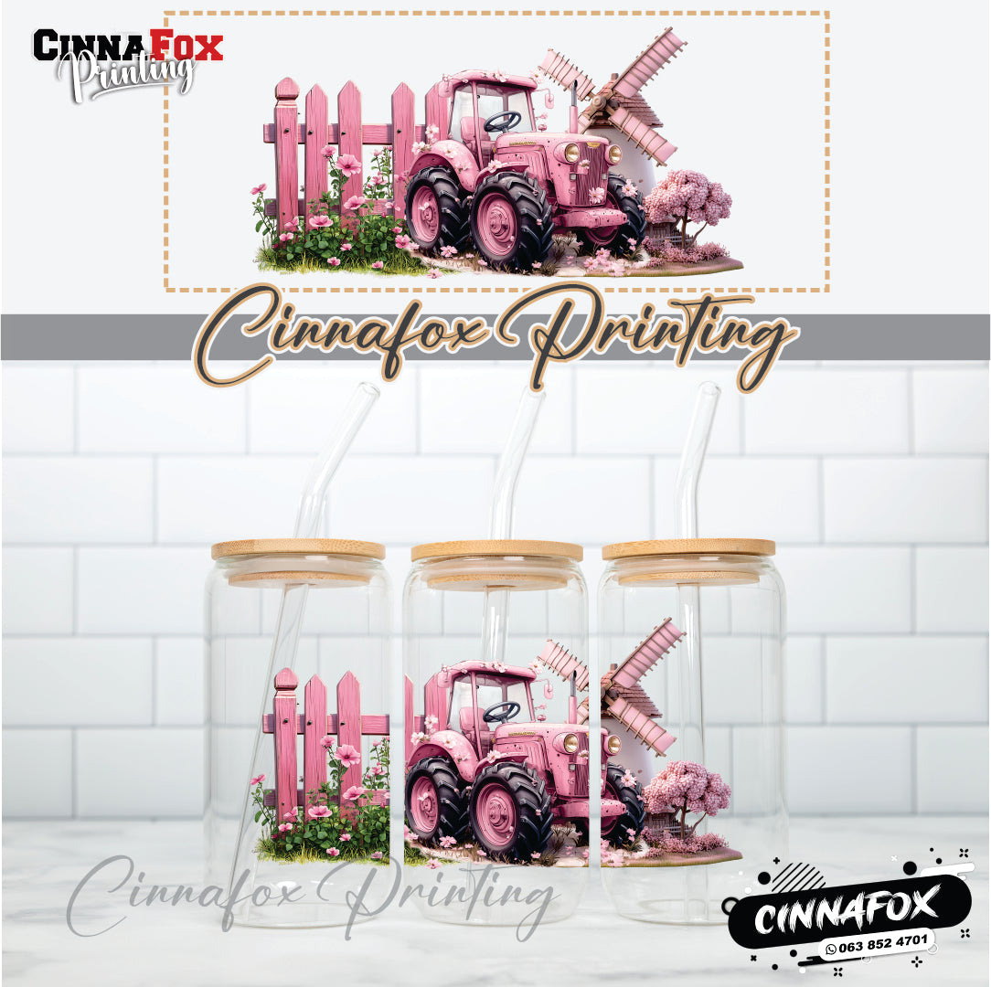 Pink Tractor Glass Cup With Lid & Straw
