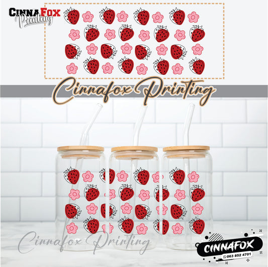 Strawberry Floral Glass Cup With Lid & Straw