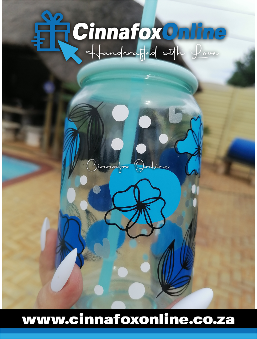 Custom Name - Blue Theme Glass Cup With Lid & Straw