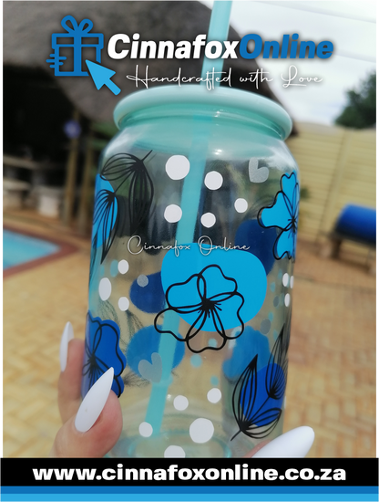 Custom Name - Blue Theme Glass Cup With Lid & Straw