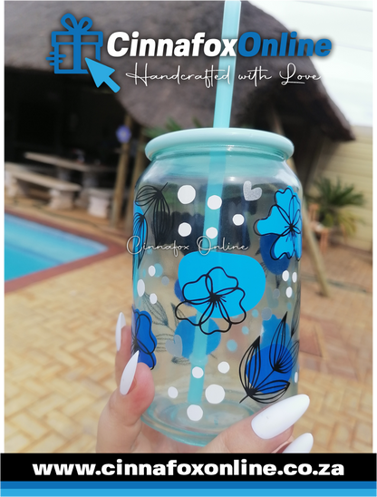 Custom Name - Blue Theme Glass Cup With Lid & Straw