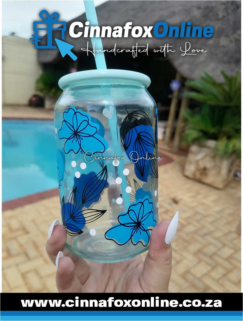 Custom Name - Blue Theme Glass Cup With Lid & Straw