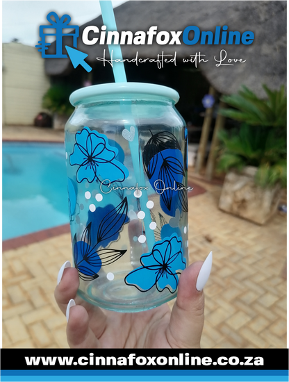 Custom Name - Blue Theme Glass Cup With Lid & Straw