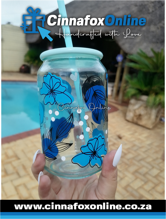 Custom Name - Blue Theme Glass Cup With Lid & Straw