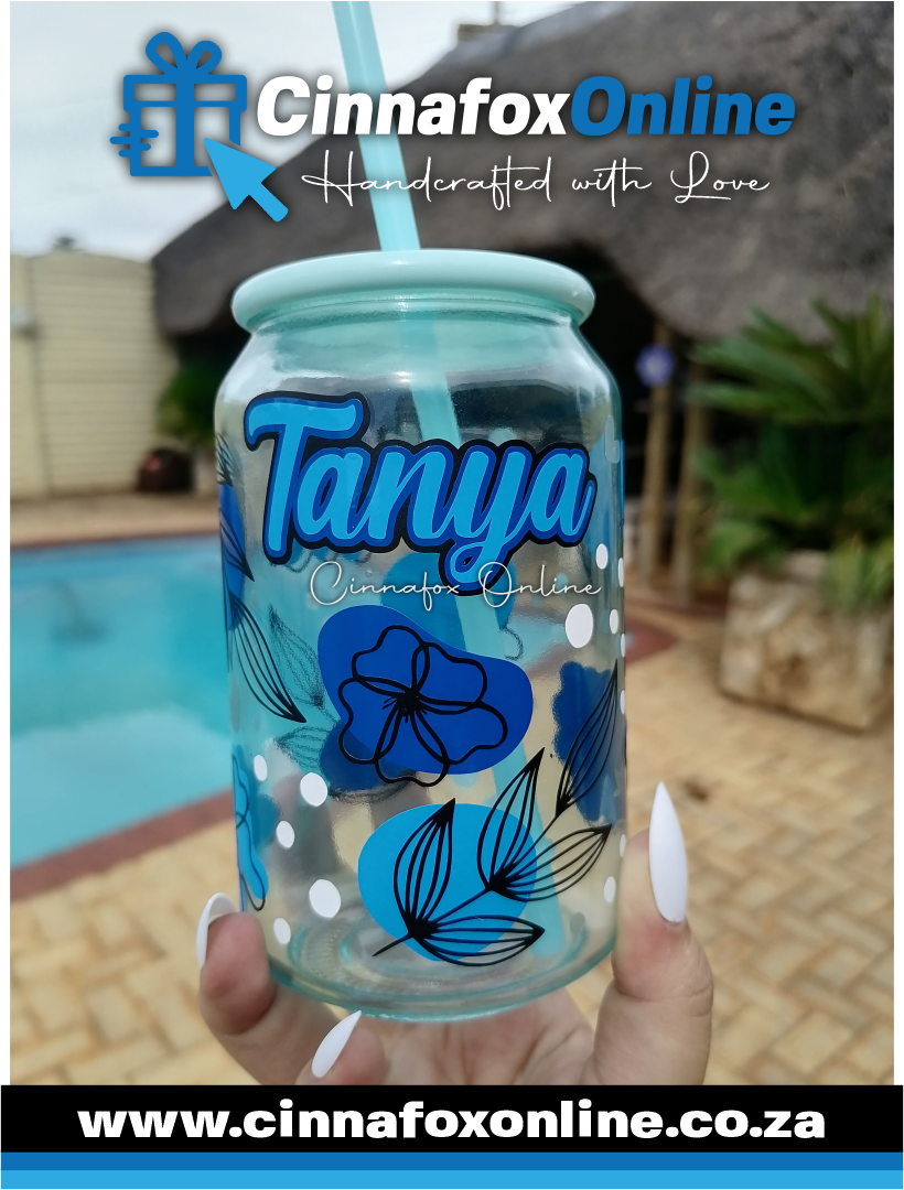 Custom Name - Blue Theme Glass Cup With Lid & Straw