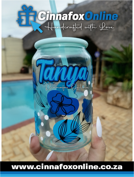 Custom Name - Blue Theme Glass Cup With Lid & Straw