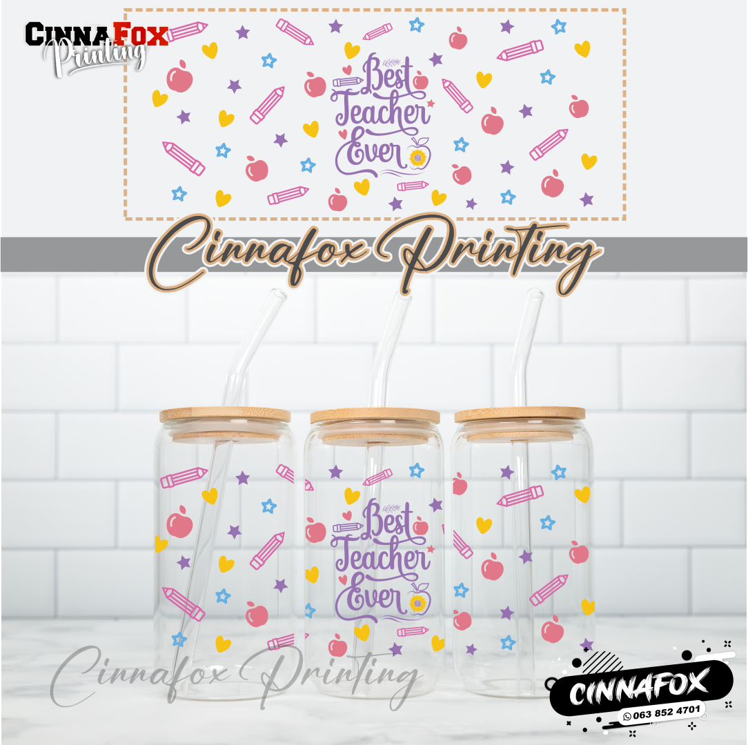 Best Teacher Ever Glass Cup With Lid & Straw