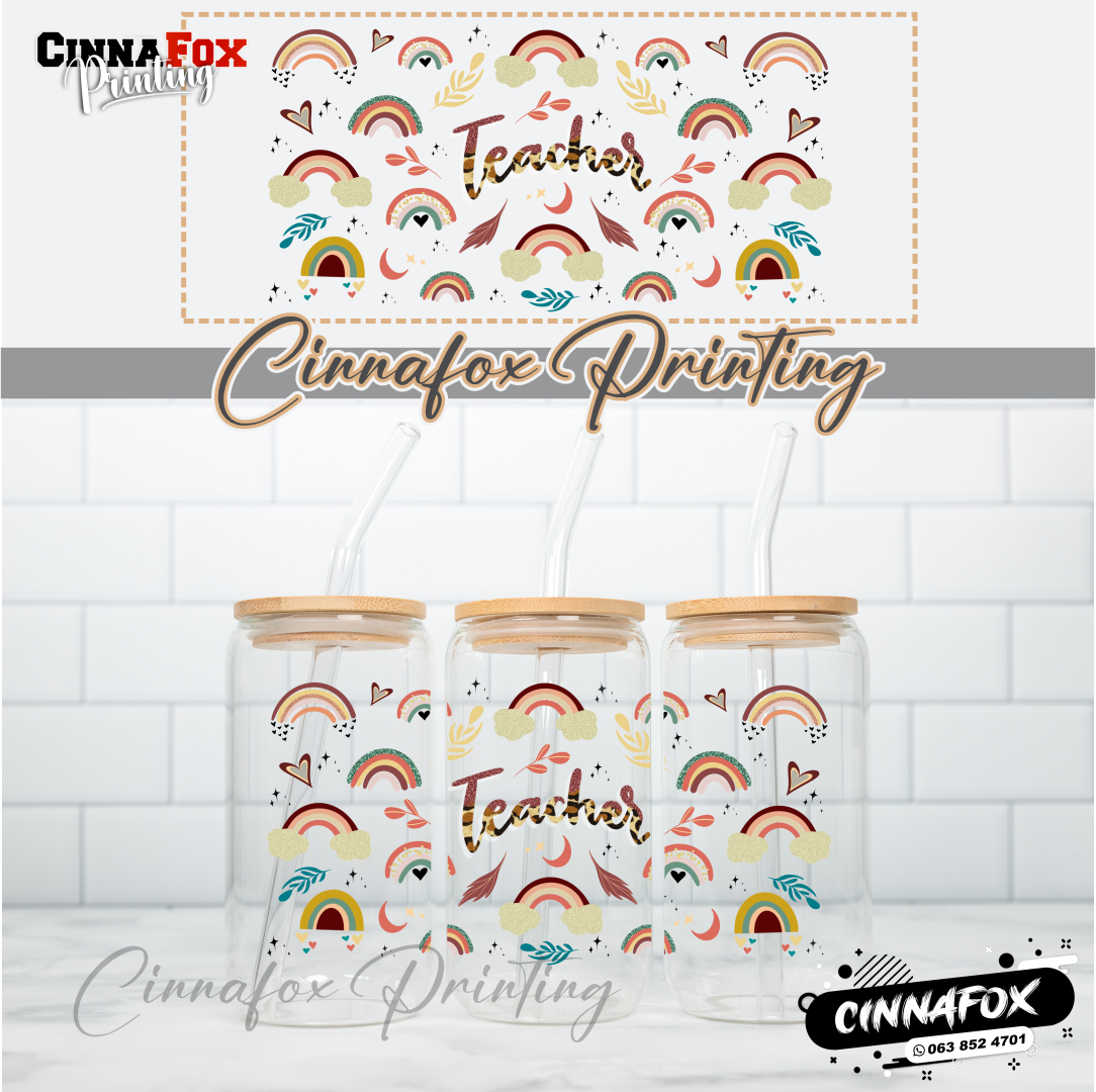 Teacher Rainbow Glass Cup With Lid & Straw