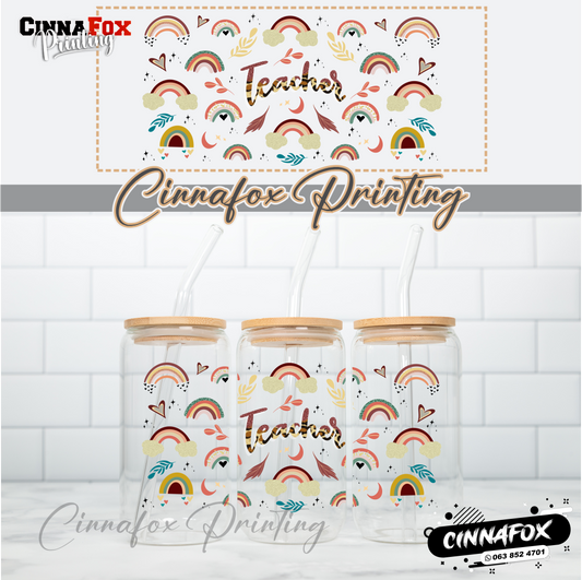 Teacher Rainbow Glass Cup With Lid & Straw