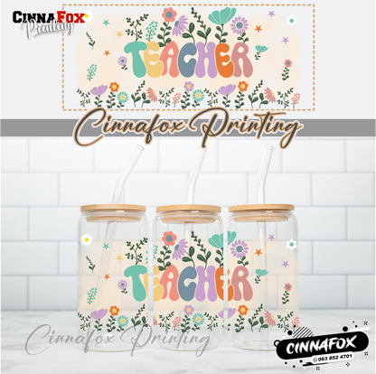 Teacher Floral Glass Cup With Lid & Straw