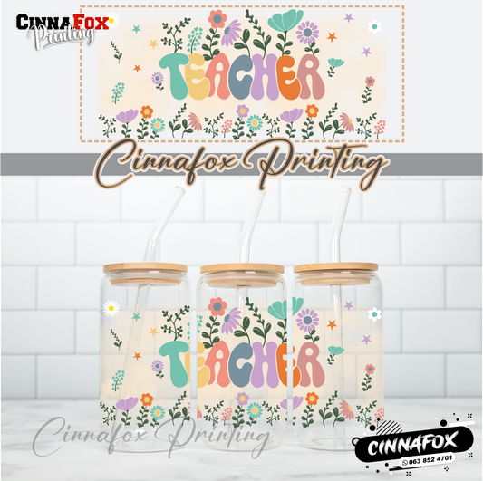 Teacher Floral Glass Cup With Lid & Straw