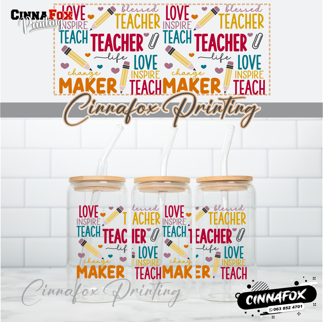 Teacher 02 Glass Cup With Lid & Straw