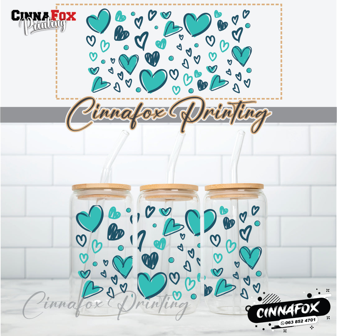 Hearts 02 Glass Cup With Lid & Straw